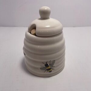Paula Deen Collection Ceramic Beehive Honey Pot Jar Dipper 6.5" White Yellow Bee